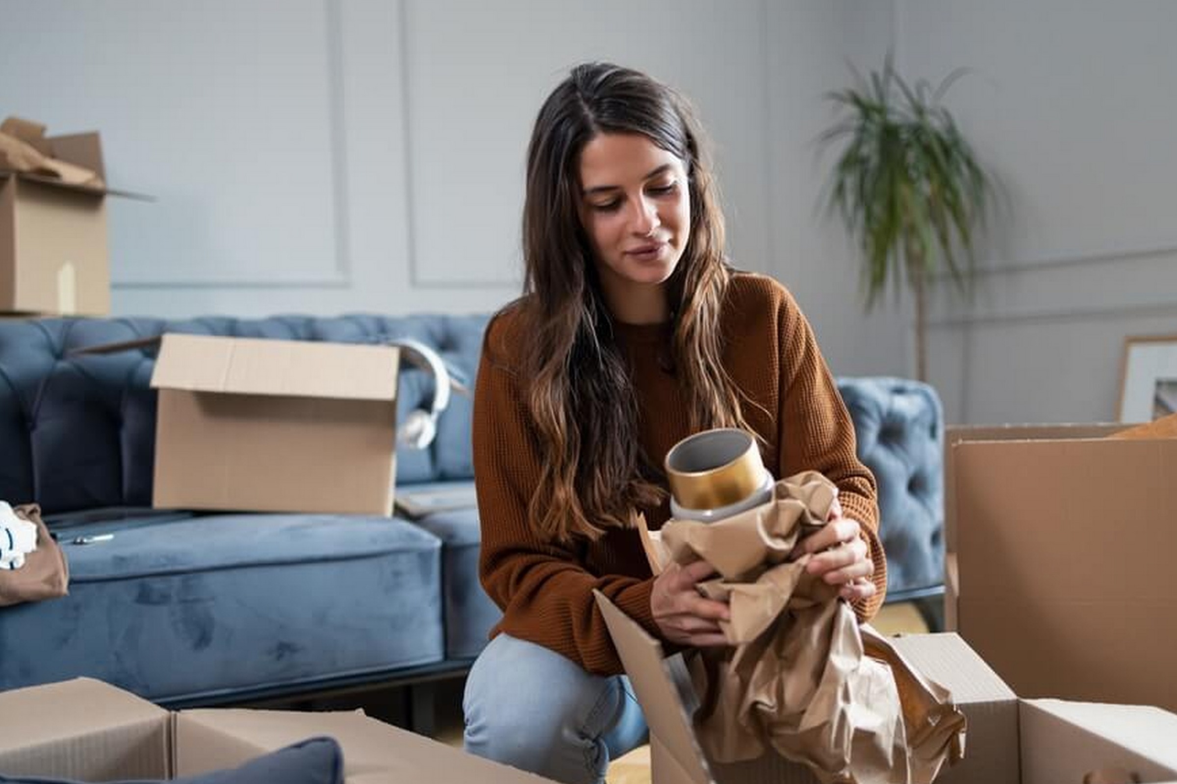 Young woman packing a mug into a box