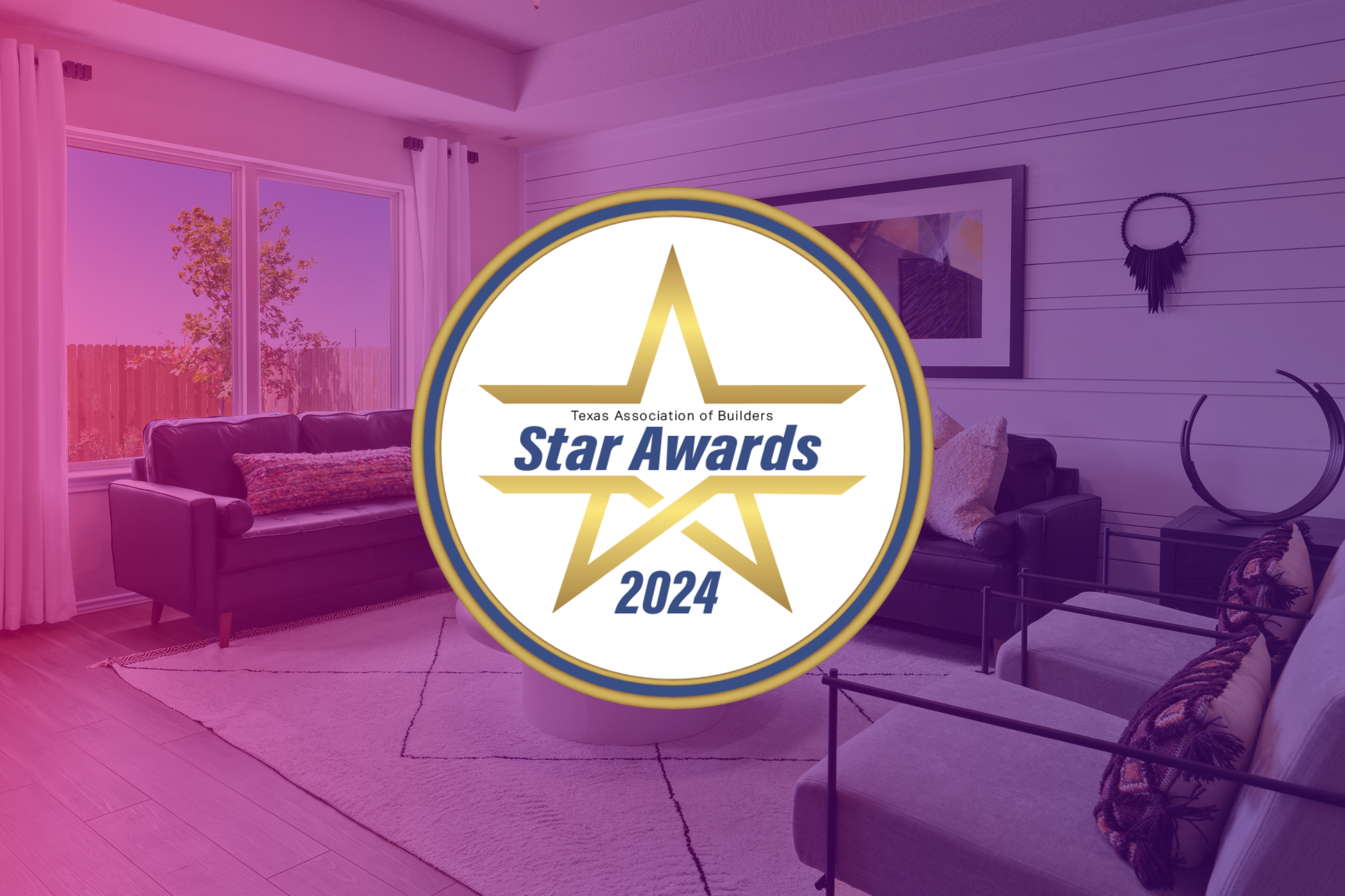 TAB Star Awards Logo imposed over background of model home interior with purple gradient